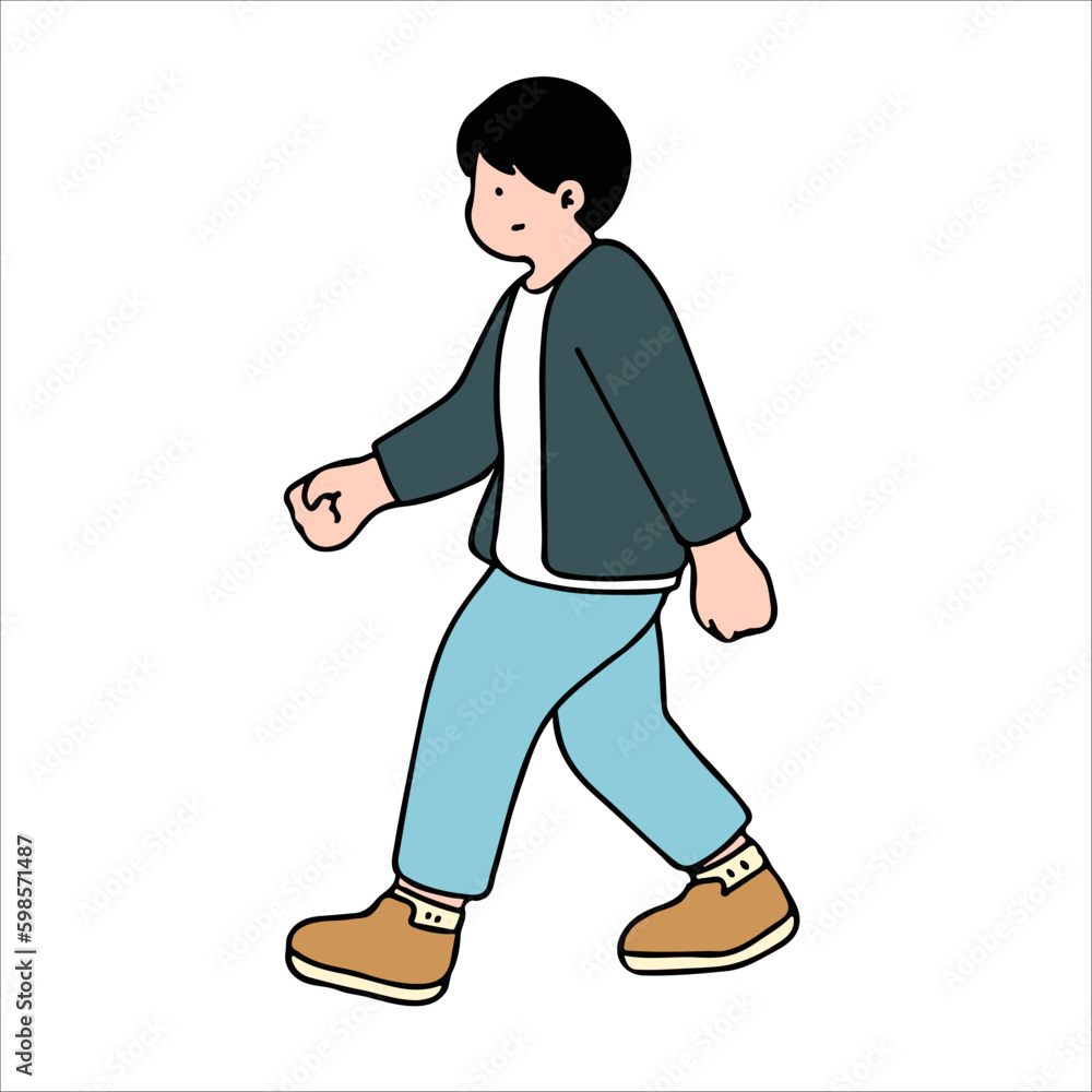 An illustration shows characters of people walking down the street. Young man are depicted in a side view, walking while isolated on a white background. An illustration shows characters of people walking down the street. Young man are depicted in a side view, walking while isolated on a white background.