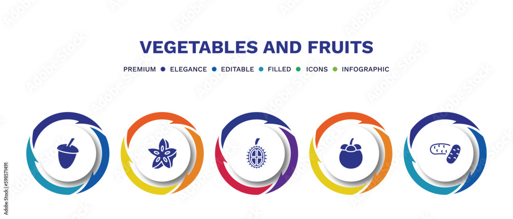 set of vegetables and fruits filled icons. vegetables and fruits filled icons with infographic template. flat icons such as acorn, star fruit, durian, mangosteen, potatoes vector. set of vegetables and fruits filled icons. vegetables and fruits filled icons with infographic template. flat icons such as acorn, star fruit, durian, mangosteen, potatoes vector.