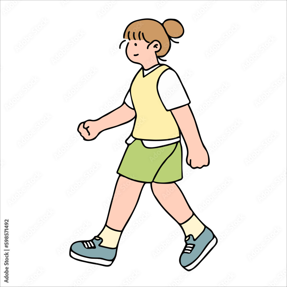 An illustration shows characters of people walking down the street. Young woman are depicted in a side view, walking while isolated on a white background. An illustration shows characters of people walking down the street. Young woman are depicted in a side view, walking while isolated on a white background.