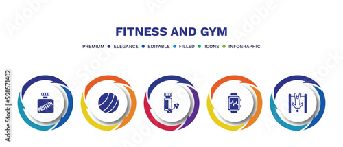 set of fitness and gym filled icons. fitness and gym filled icons with infographic template. flat icons such as protein, pilates ball, protein shake, fitness bracelet, exercise hang bar vector.