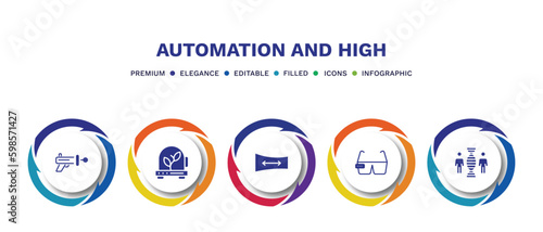 set of automation and high filled icons. automation and high filled icons with infographic template. flat icons such as blaster, incubator, panoramic view, ar glasses, cloning vector.