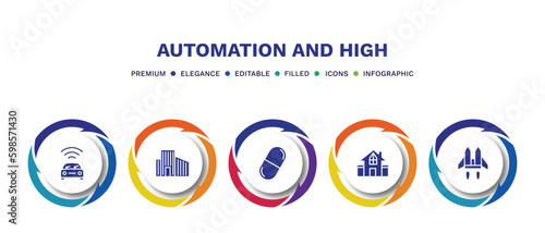 set of automation and high filled icons. automation and high filled icons with infographic template. flat icons such as vehicle, building, capsule, residential, jetpack vector.