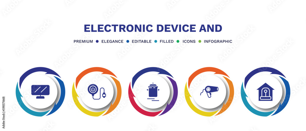 set of electronic device and filled icons. electronic device and filled icons with infographic template. flat icons such as lcd, magsafe, pressure cooker, blow dryer, burglar alarm vector. set of electronic device and filled icons. electronic device and filled icons with infographic template. flat icons such as lcd, magsafe, pressure cooker, blow dryer, burglar alarm vector.