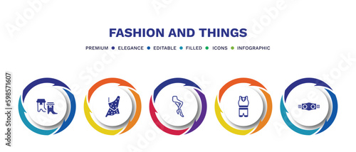 set of fashion and things filled icons. fashion and things filled icons with infographic template. flat icons such as boot for women, caveman, tights, sportswear, gym belt vector.