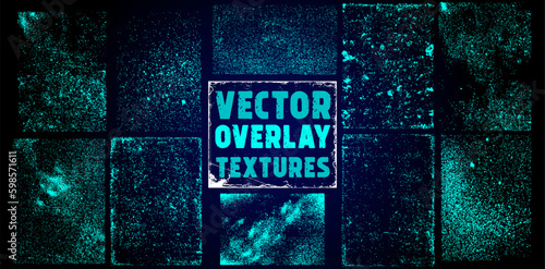 The effect of an old wall with scratches and damage. Collection of textures overlay on the background. Different paint textures with splay effect and drop ink splashes. Stamp overlay. Vector set