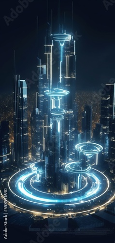 Beautiful abstract futuristic city and futuristic architecture, glowing lights. Generative Ai
