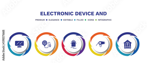 set of electronic device and filled icons. electronic device and filled icons with infographic template. flat icons such as lcd, magsafe, pressure cooker, blow dryer, burglar alarm vector.