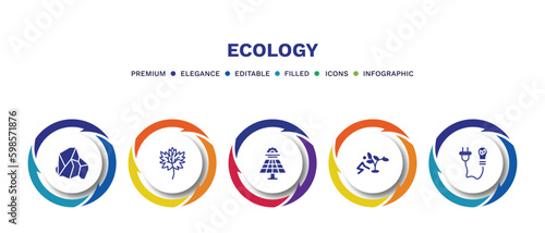 set of ecology filled icons. ecology filled icons with infographic template. flat icons such as coal, m leaf, solar energy, plant a tree, eco power vector.
