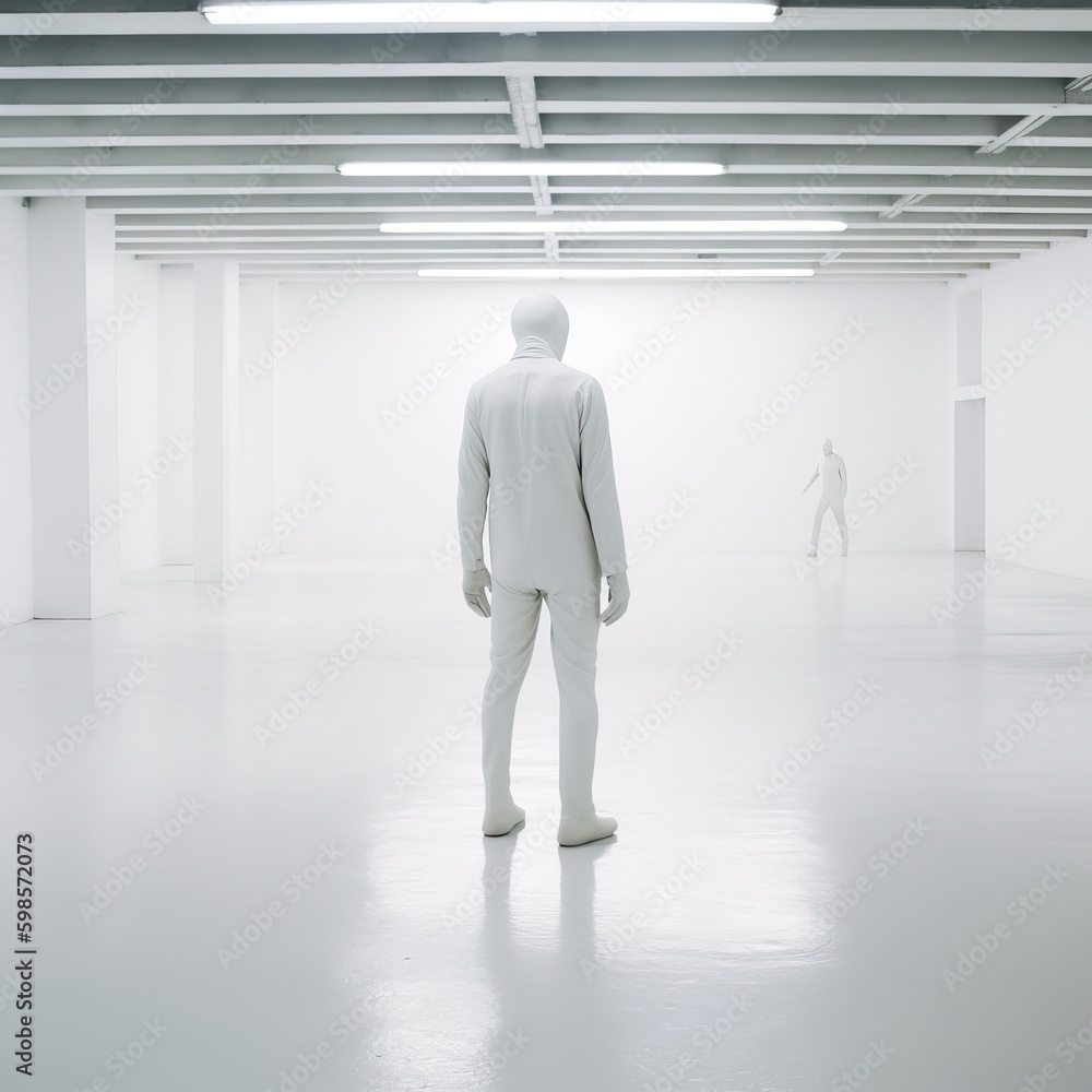 Man covered in white protective gear in an aseptic clinical environment, generative ai Man covered in white protective gear in an aseptic clinical environment, generative ai