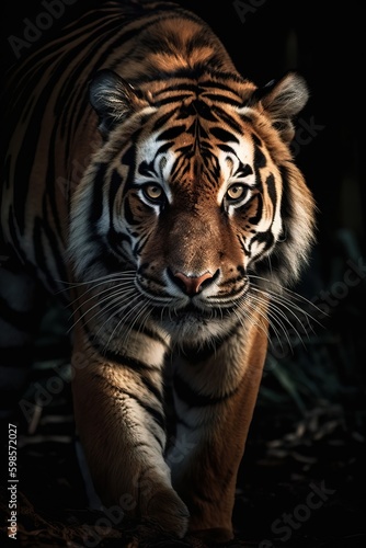 Beautiful prowling tiger, close up plan, generative ai
