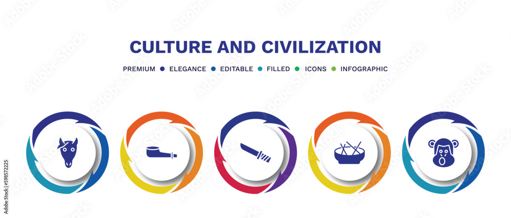 set of culture and civilization filled icons. culture and civilization filled icons with infographic template. flat icons such as horse head, pipe of peace, knife in sheath, beef and garlic, chimp set of culture and civilization filled icons. culture and civilization filled icons with infographic template. flat icons such as horse head, pipe of peace, knife in sheath, beef and garlic, chimp