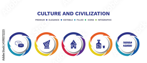 set of culture and civilization filled icons. culture and civilization filled icons with infographic template. flat icons such as mantecados, kankles, indian village, orujo, egg roll vector.