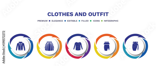set of clothes and outfit filled icons. clothes and outfit filled icons with infographic template. flat icons such as hooded jacket, tulle skirt, long sleeves t shirt, peplum skirt, slit skirt