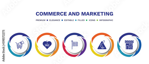 set of commerce and marketing filled icons. commerce and marketing filled icons with infographic template. flat icons such as commerce and shopping, sale love, checkered, eco tag, front store with