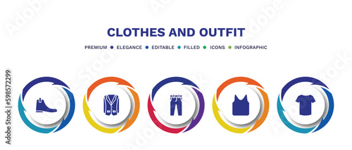 set of clothes and outfit filled icons. clothes and outfit filled icons with infographic template. flat icons such as leather chelsea boots, oxford wave blazer, chi pants, jersey blazer, cotton polo