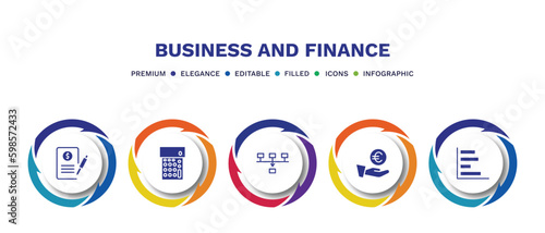 set of business and finance filled icons. business and finance filled icons with infographic template. flat icons such as bailment, calculator maths tool, item connections, euro coin on hands,