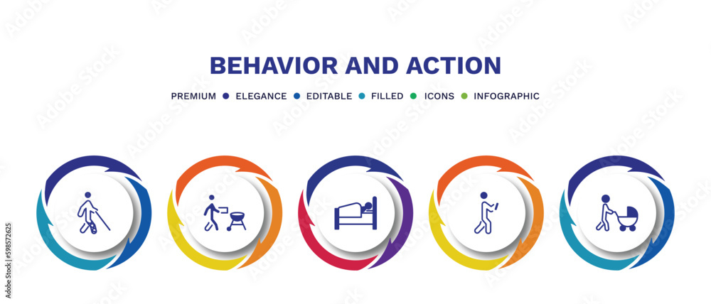 set of behavior and action filled icons. behavior and action filled icons with infographic template. flat icons such as man with broken leg, man with, laying in bed, man mobile phone, baby stroller
