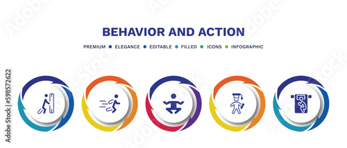 set of behavior and action filled icons. behavior and action filled icons with infographic template. flat icons such as man pushing, man running, yoga position, stick man graduated, sleeping vector.