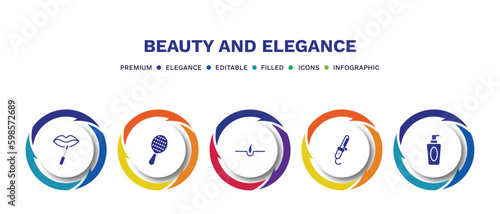 set of beauty and elegance filled icons. beauty and elegance filled icons with infographic template. flat icons such as lip gloss, inclined hairbrush, hair, curler, liquid makeup vector.