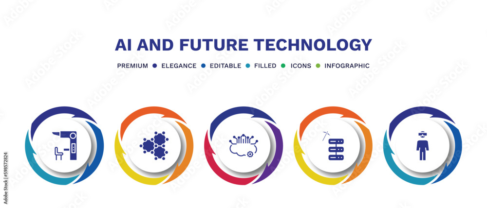 set of ai and future technology filled icons. ai and future technology filled icons with infographic template. flat icons such as sensorama, graphene, cloud intelligence, data mining, oculus rift
