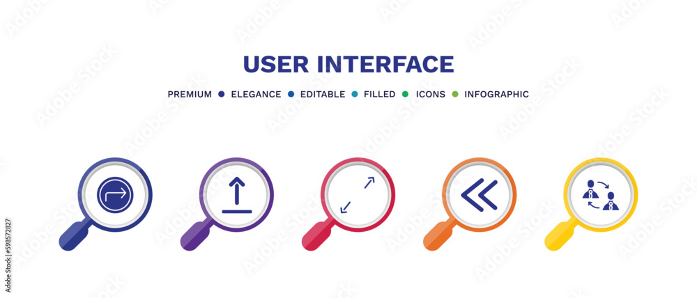 set of user interface filled icons. user interface filled icons with infographic template. flat icons such as turn right arrow, upload button, expand arrows, two left arrows, job transition vector. set of user interface filled icons. user interface filled icons with infographic template. flat icons such as turn right arrow, upload button, expand arrows, two left arrows, job transition vector.