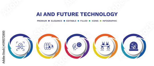 set of ai and future technology filled icons. ai and future technology filled icons with infographic template. flat icons such as face recognition, hyperloop, unsupervised learning, flyboard,