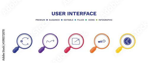 set of user interface filled icons. user interface filled icons with infographic template. flat icons such as no tittling, sketched arrow, export arrow, double arrows, round left button vector.
