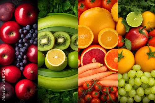 Color fruits and vegetables. Fresh food. Concept. Collage  healthy food lifestyle  Generative AI