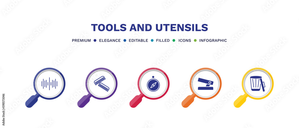 set of tools and utensils filled icons. tools and utensils filled icons with infographic template. flat icons such as sound wave bars, combs, orientation compass, hole puncher, trash can open