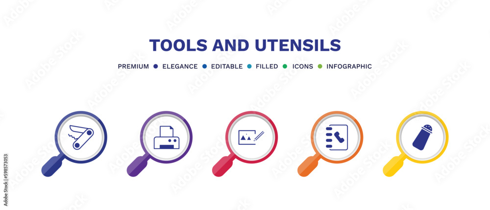set of tools and utensils filled icons. tools and utensils filled icons with infographic template. flat icons such as penknife, blank paper and printer, edit picture, telephone agenda, pepper set of tools and utensils filled icons. tools and utensils filled icons with infographic template. flat icons such as penknife, blank paper and printer, edit picture, telephone agenda, pepper