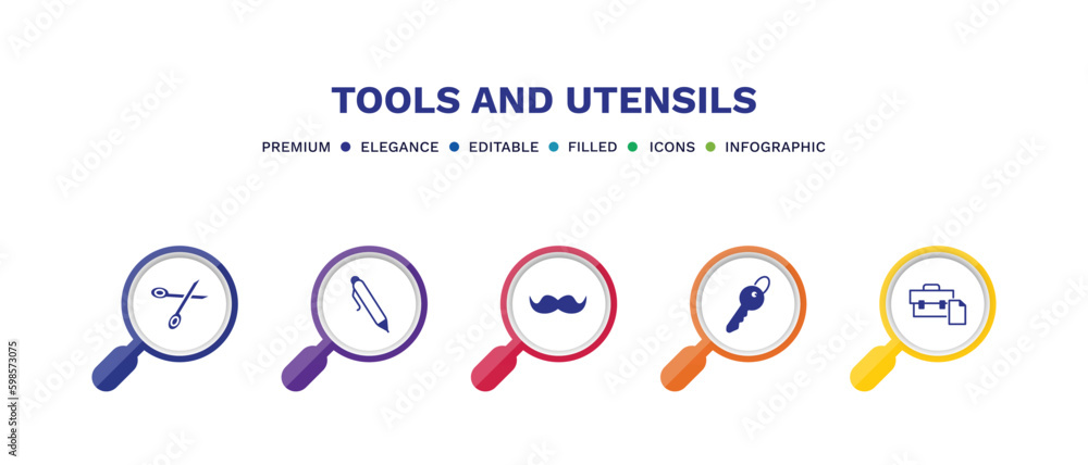 set of tools and utensils filled icons. tools and utensils filled icons with infographic template. flat icons such as open scissors, ink pen, moustaches, tiny key, briefcase and document vector. set of tools and utensils filled icons. tools and utensils filled icons with infographic template. flat icons such as open scissors, ink pen, moustaches, tiny key, briefcase and document vector.