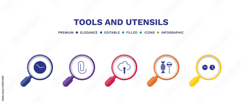 set of tools and utensils filled icons. tools and utensils filled icons with infographic template. flat icons such as circular clock, attachments, up arrow and cloud, candies, clocks vector. set of tools and utensils filled icons. tools and utensils filled icons with infographic template. flat icons such as circular clock, attachments, up arrow and cloud, candies, clocks vector.