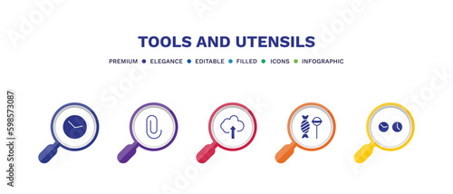 set of tools and utensils filled icons. tools and utensils filled icons with infographic template. flat icons such as circular clock, attachments, up arrow and cloud, candies, clocks vector.