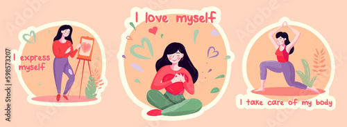 Set of stickers (patches) about Self love and love your body concept. I express myself, love myself and take care of my body