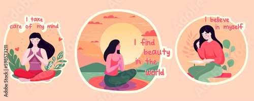 Set of stickers (patches) about Self love and love your body concept. I find beauty in the world. I take care of my mind. I believe in myself.