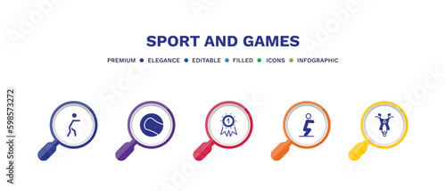 set of sport and games filled icons. sport and games filled icons with infographic template. flat icons such as man punching, tennis sport ball, golden medal, squat, motor sports vector.