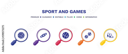 set of sport and games filled icons. sport and games filled icons with infographic template. flat icons such as volleyball ball, champion belt, basketball basket, balls, ice skates vector.
