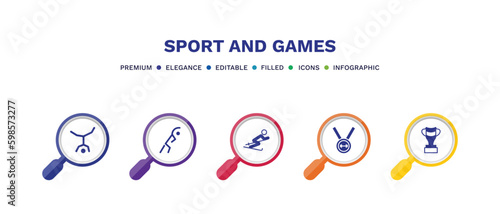 set of sport and games filled icons. sport and games filled icons with infographic template. flat icons such as capoeira, stretching, slalom, weight lifting medal, brazilian vector.