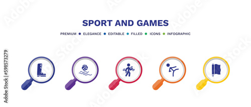 set of sport and games filled icons. sport and games filled icons with infographic template. flat icons such as ski boots, waterpolo, excercise, karate fighter, foil vector.