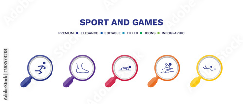 set of sport and games filled icons. sport and games filled icons with infographic template. flat icons such as wushu, ankle, man doing pushups, swimming figure, volleyball motion vector.