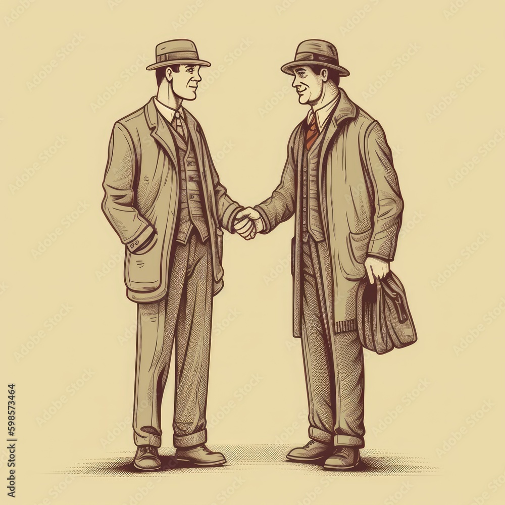 Two businessmen firmly shake hands with one another, 1910s, Generative AI