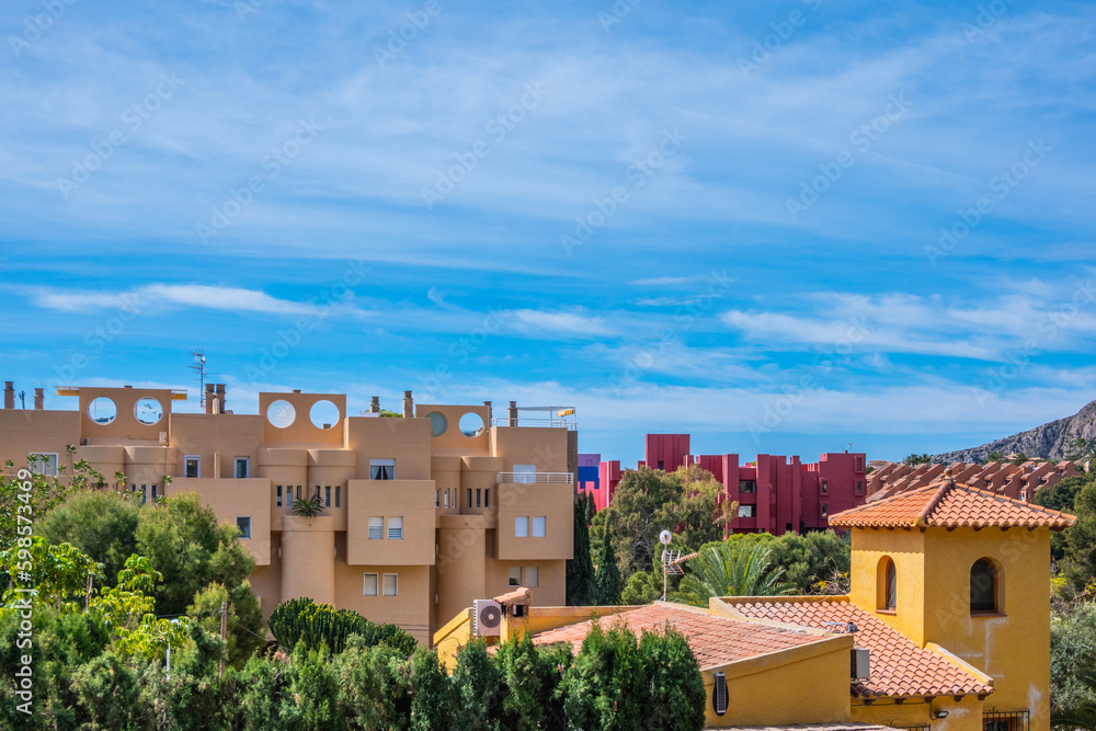 Panoramic view to Calpe with mountains and modern architecture building. Calp, Alicante province, Valencian Community, Spain