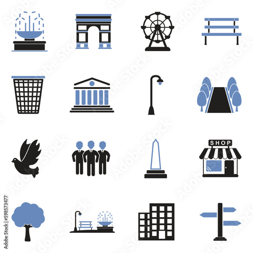 Town Square Icons. Two Tone Flat Design. Vector Illustration.