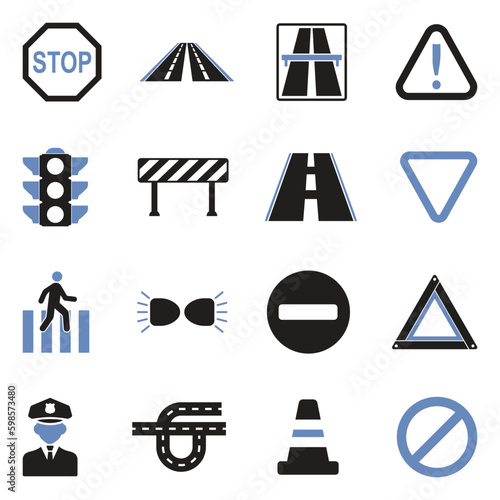 Traffic Rules Icons. Two Tone Flat Design. Vector Illustration.