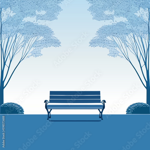 Landscape in watercolor style, a bench in a park with trees and grass in the background, semi-darkness, blue sky, book cover illustration.