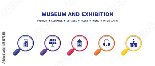 set of museum and exhibition filled icons. museum and exhibition filled icons with infographic template. flat icons such as archivist, panel, , audio guide, information desk vector.