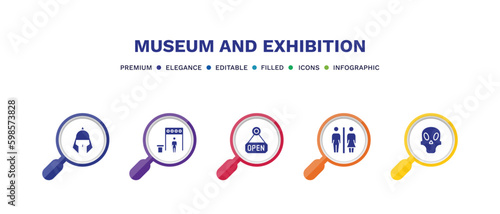 set of museum and exhibition filled icons. museum and exhibition filled icons with infographic template. flat icons such as roman or greek helmet, metal detector, open, restroom, remains vector.