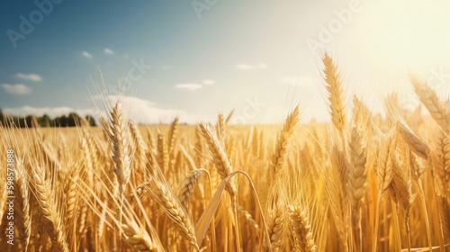 Golden wheat field close up on a bright sunny day. Generative ai composite.