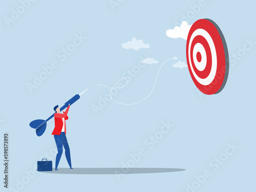 achieve target concept ,businessman  holding dart to target bullseye to win in business strategy goal achievement winning to success vector illustrator.
