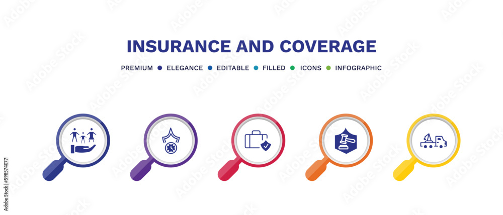 set of insurance and coverage filled icons. insurance and coverage filled icons with infographic template. flat icons such as familiar insurance, long term protection, luggage legal expenses, towed set of insurance and coverage filled icons. insurance and coverage filled icons with infographic template. flat icons such as familiar insurance, long term protection, luggage legal expenses, towed